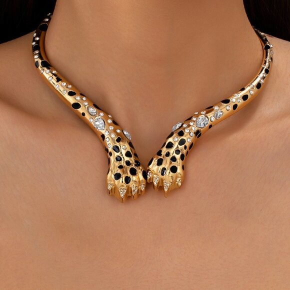 Leopard Head Collar Necklace - Rhinestone Pave & Enamel Spots! - Picture 1 of 2
